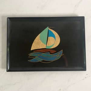 Vintage Couroc Tray with Sailboat. Inlay Serving or Carrying Tray.
