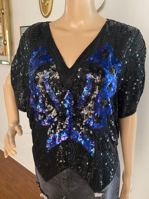 Vintage 1970's Sequin Butterfly Crop Top in Blue … - image 2