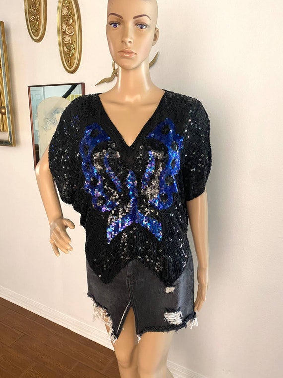 Vintage 1970's Sequin Butterfly Crop Top in Blue … - image 1