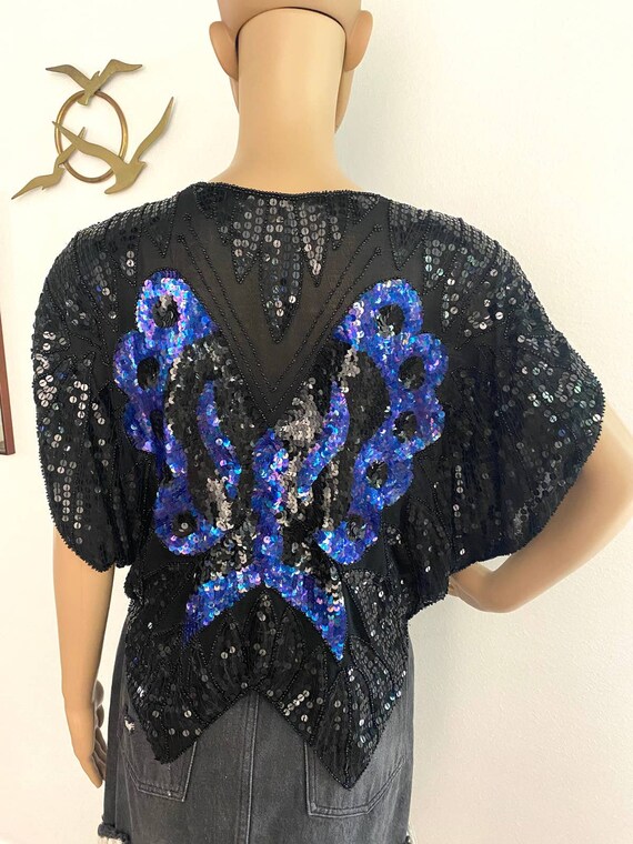 Vintage 1970's Sequin Butterfly Crop Top in Blue … - image 6