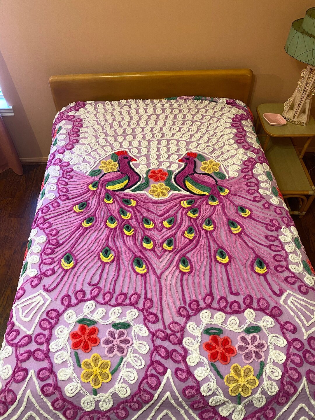 Vintage MCM Double Peacock Chenille Bedspread. Full Size Rare, Purple