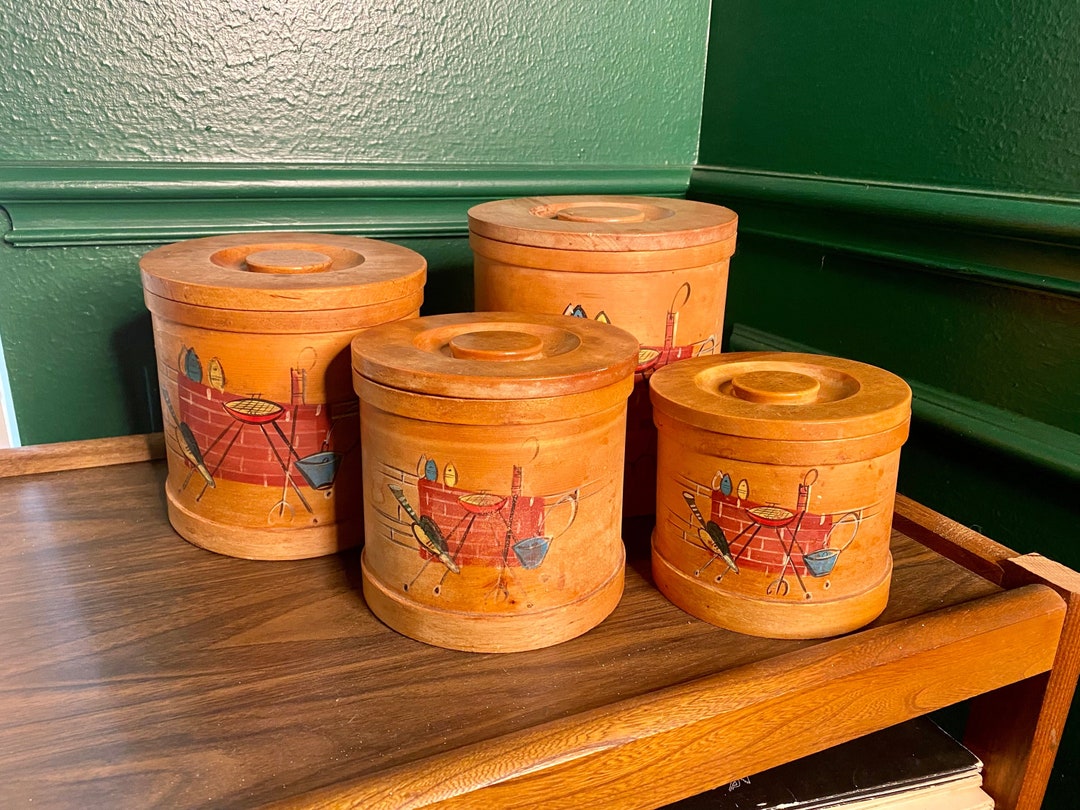 Vintage MCM Wooden Kitchen Canister Set With Barbecue Grill Design. 4