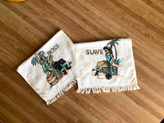 Vintage MCM Boss and Slave Hand Towels. Pair of Two Unique Retro