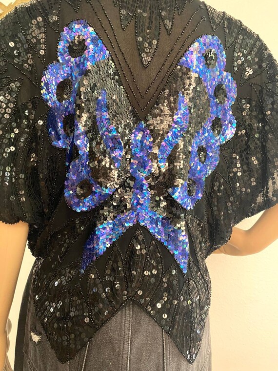 Vintage 1970's Sequin Butterfly Crop Top in Blue … - image 7