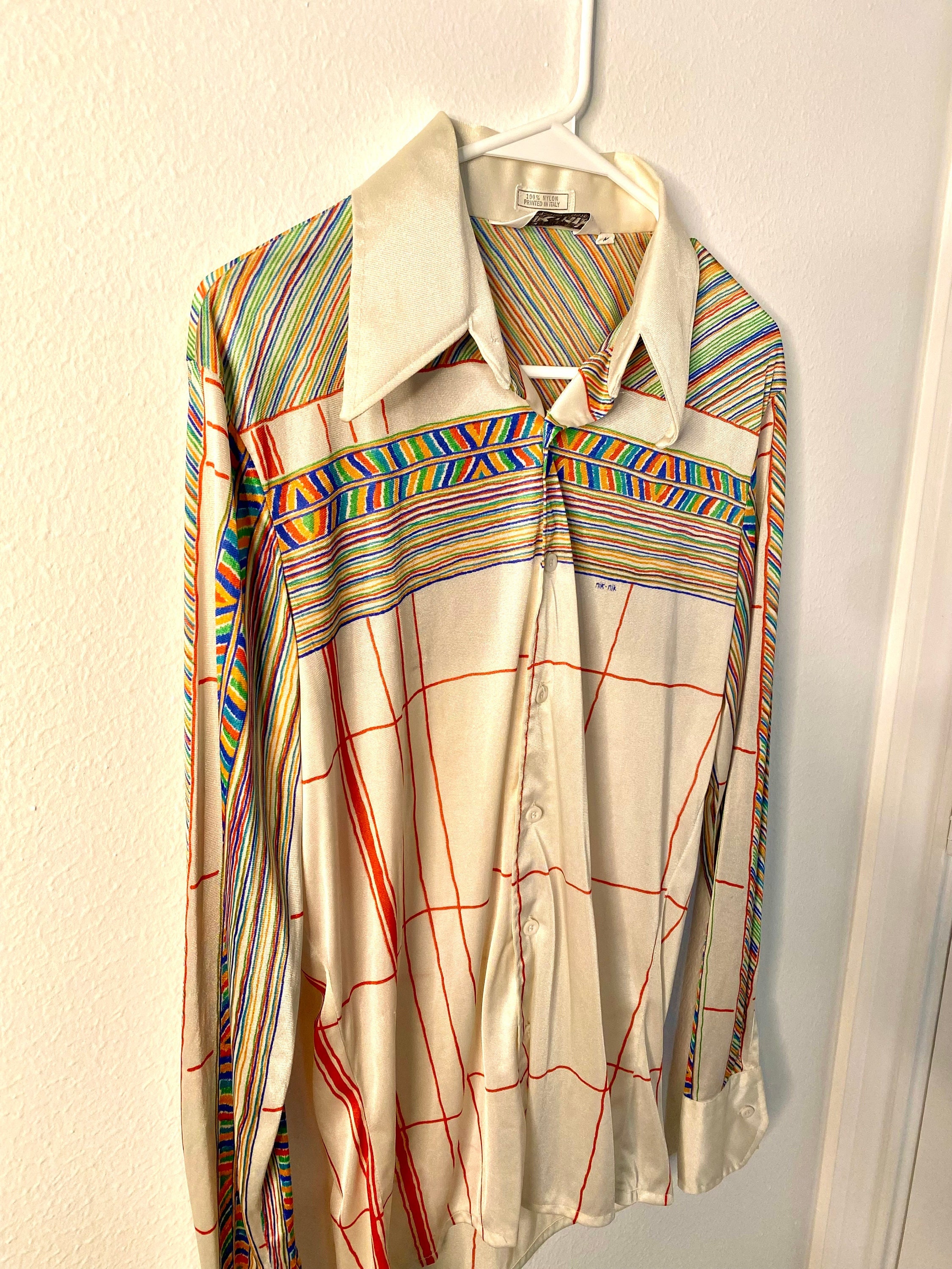 Vintage 70s nik Nik Nylon Disco Shirt With Stripes and Bright Colors. Retro  Fitted Button up Shirt. 