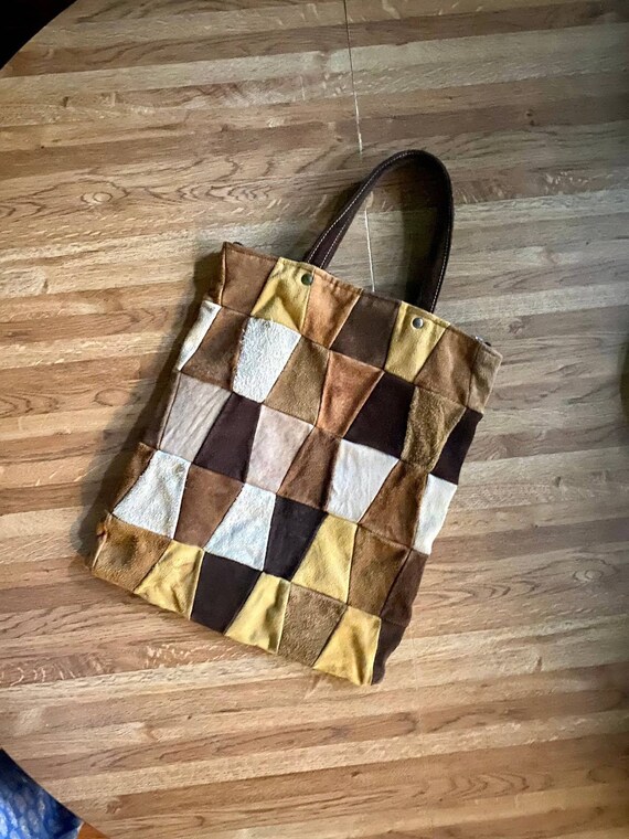 Vintage 1970's Leather Patchwork Handbag. Retro T… - image 1