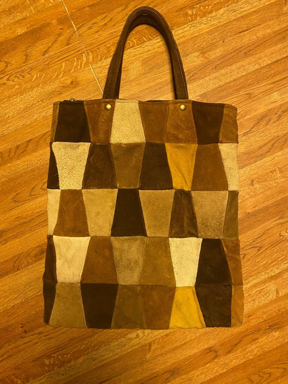 Vintage 1970's Leather Patchwork Handbag. Retro T… - image 6