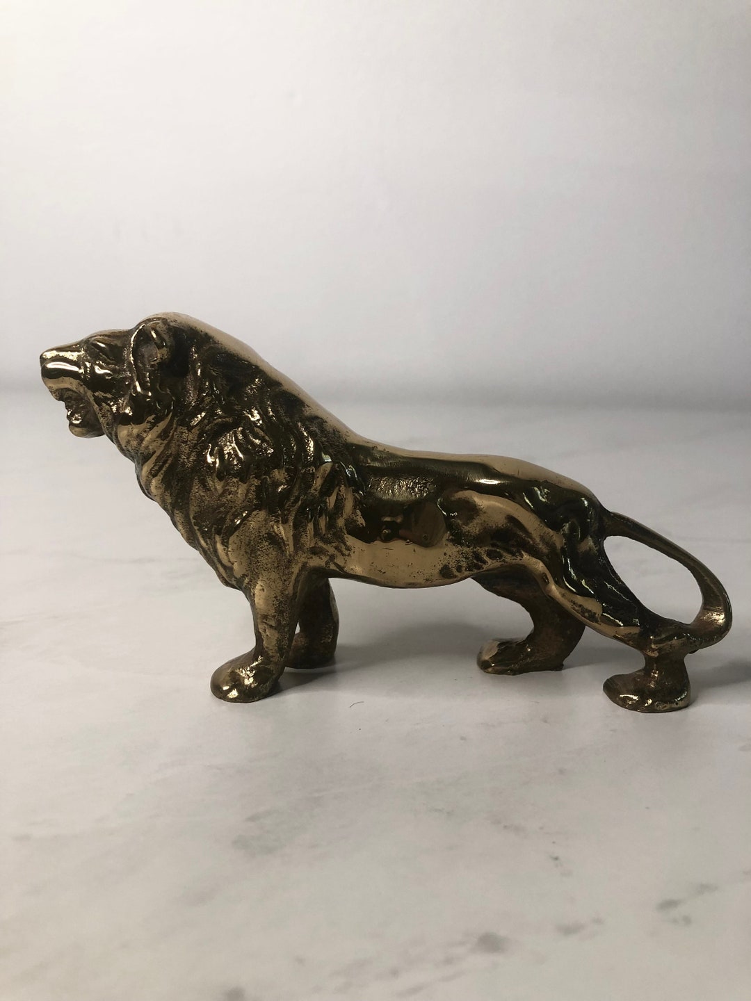 Vintage Brass Lion Figurine / MCM Desktop Sculpture / Gift for Leo