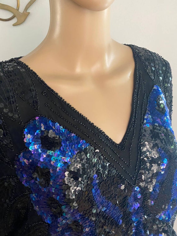 Vintage 1970's Sequin Butterfly Crop Top in Blue … - image 9
