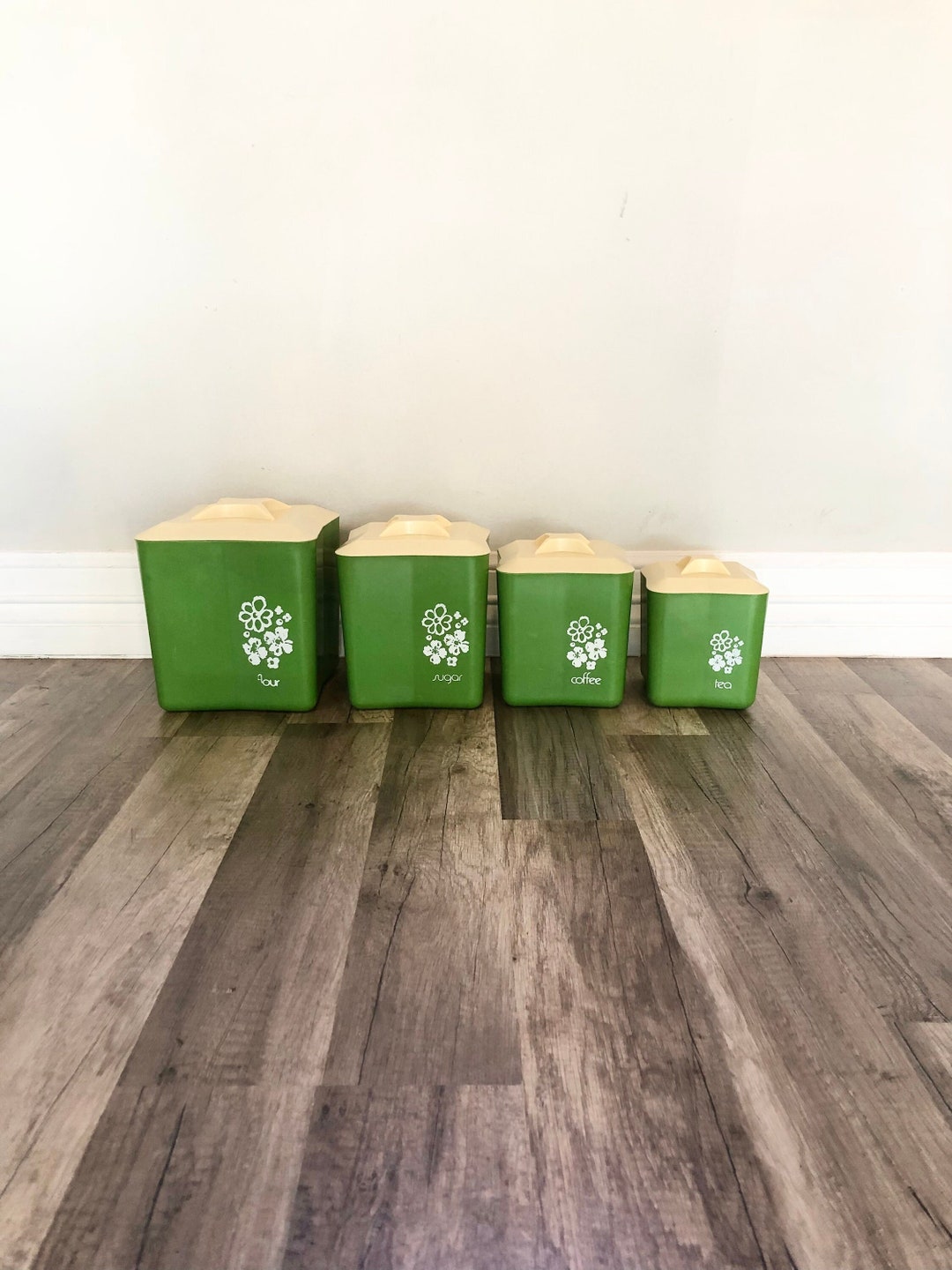 Vintage 1960's Green Kitchen Canisters With Flowers. Etsy