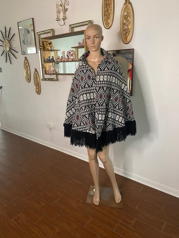 Vintage 70's Woven Poncho with Fringe. Boho Woven… - image 1