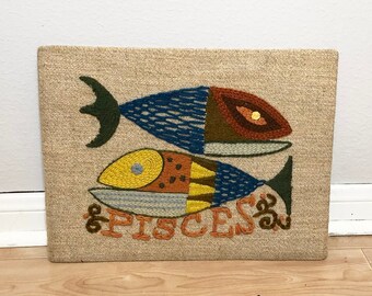 Vintage 1970s Crewel Embroidered Pisces Zodiac Art Wall Hanging Gift for Pisces