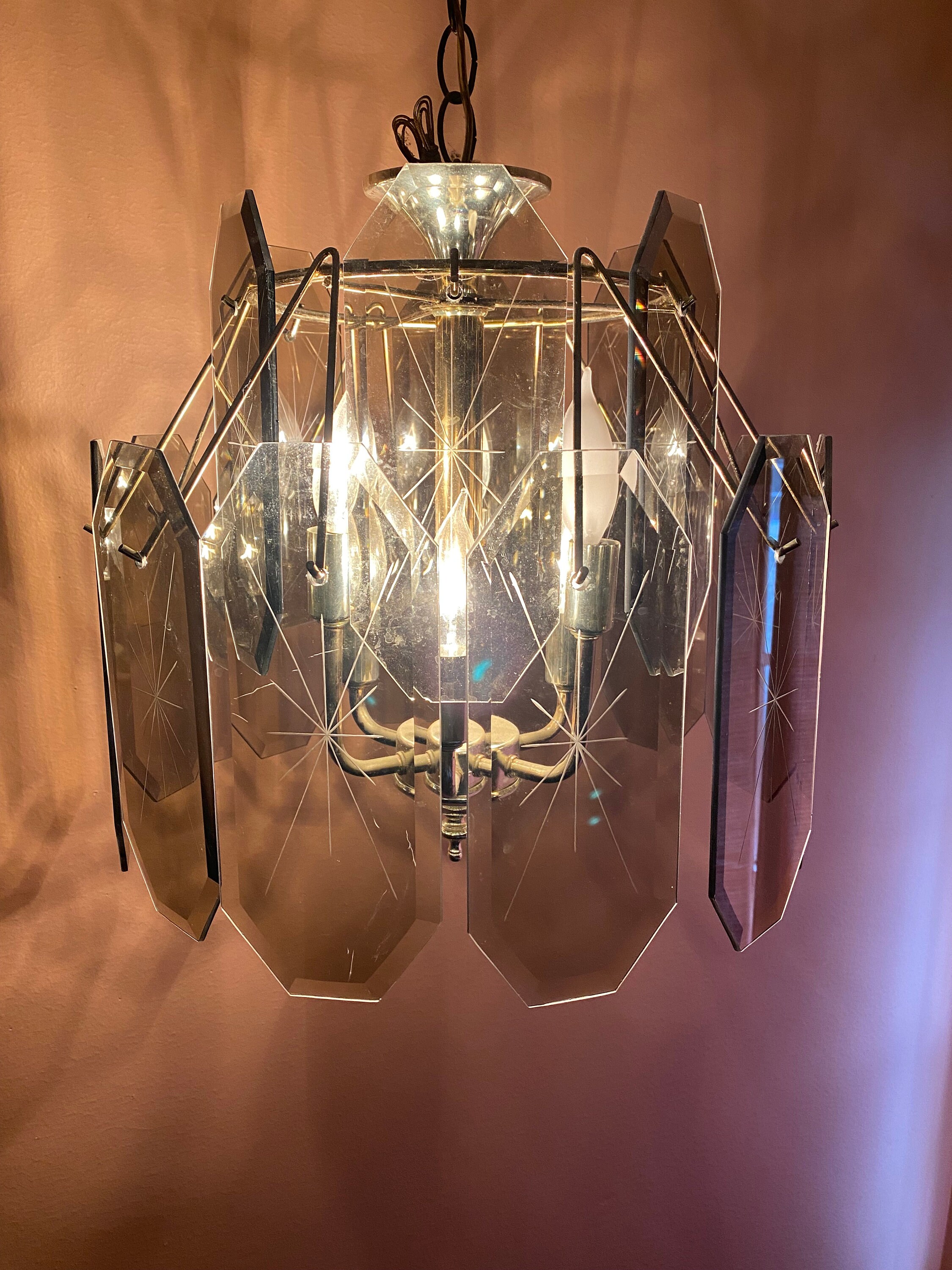 Vintage 70 s Smoked Glass Chandelier. Two Tier Etched Glass