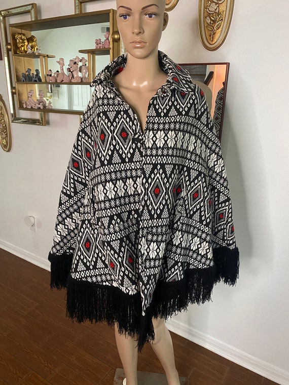 Vintage 70's Woven Poncho with Fringe. Boho Woven… - image 2