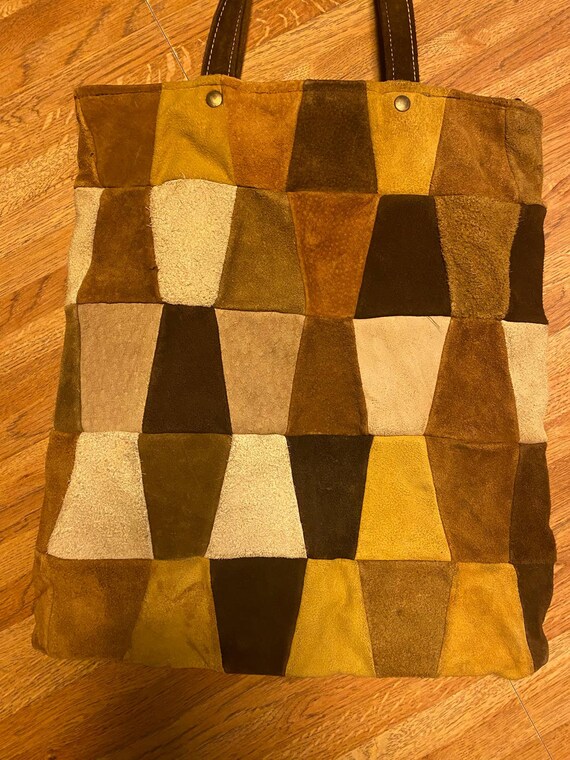 Vintage 1970's Leather Patchwork Handbag. Retro T… - image 3