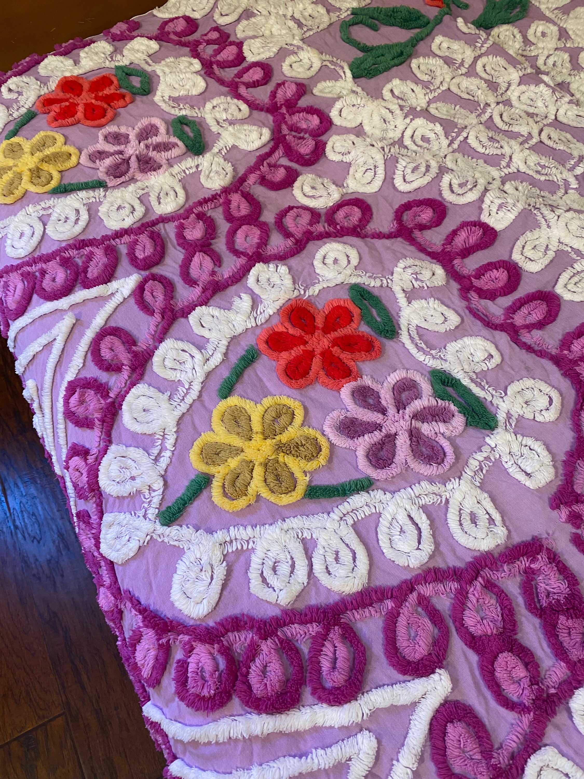 Vintage MCM Double Peacock Chenille Bedspread. Full Size Rare, Purple