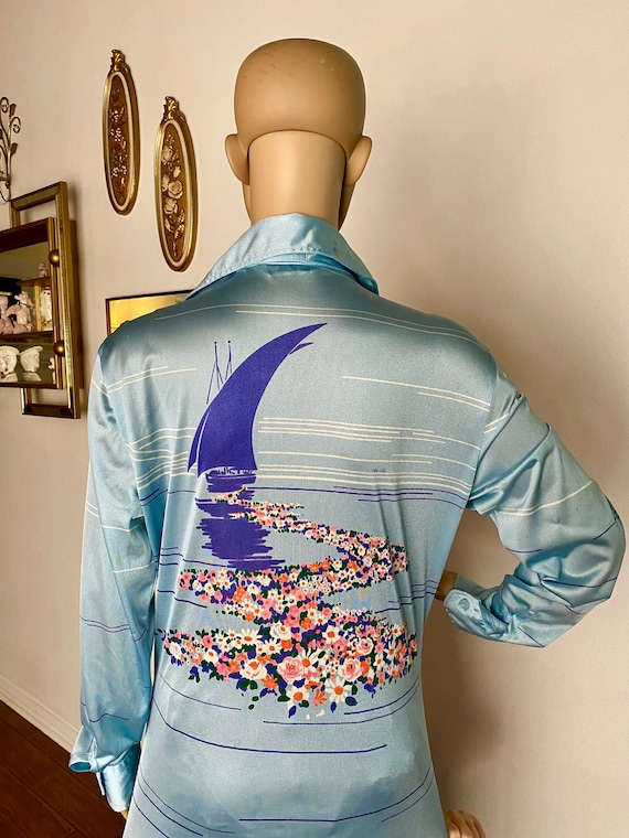 Nik Nik Vintage 1970's Nylon Disco Shirt Men's LARGE Beachside Garden  Stairs 