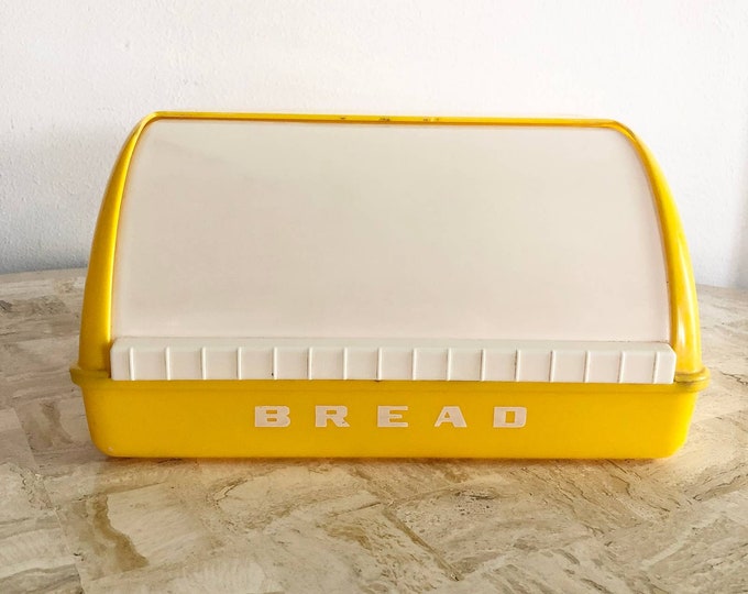 Vintage Mid Century Yellow Bread Box. Plastic Bread Box With Roll Top
