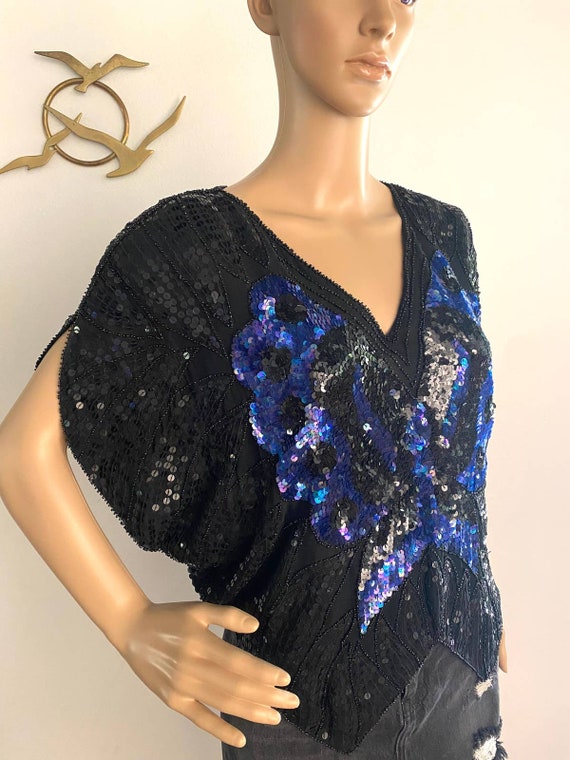 Vintage 1970's Sequin Butterfly Crop Top in Blue … - image 3