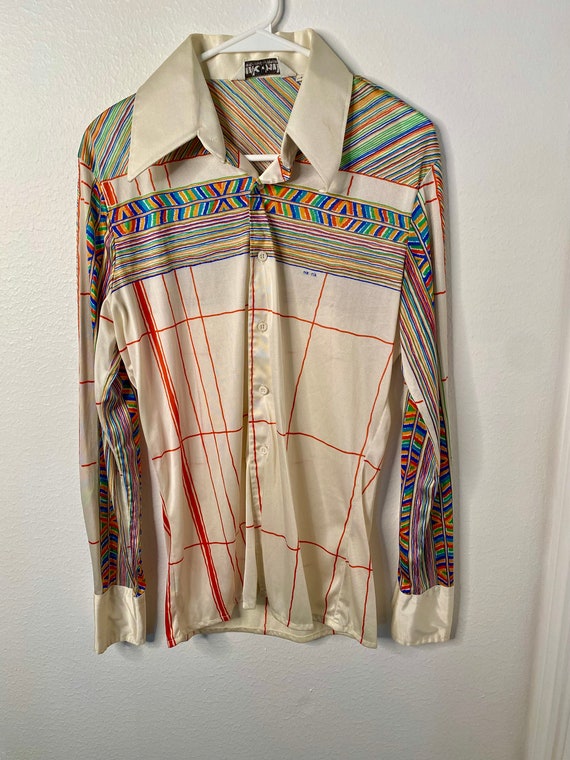 Vintage 70s nik Nik Nylon Disco Shirt With Stripes and Bright Colors. Retro Fitted Button up Shirt. Etsy