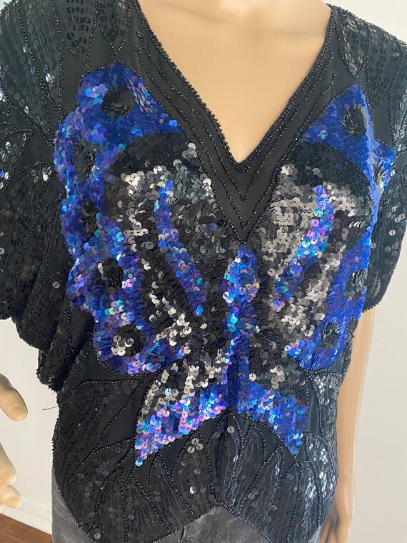 Vintage 1970's Sequin Butterfly Crop Top in Blue … - image 4