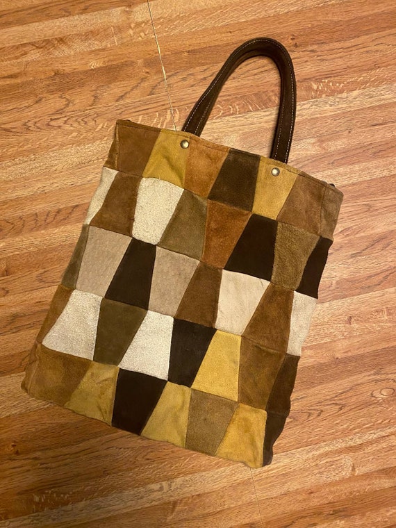 Vintage 1970's Leather Patchwork Handbag. Retro T… - image 2