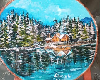 Wood Slice Art- Original Acrylic Painting. Canada - “Emerald Lake".