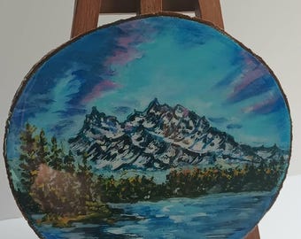 Original Artwork.  Banff Sunshine Wood Slice. Acrylic Mountain Landscape. Canadian Art. Mini Nature Decor.