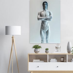 Arte de parede futurista - Pôster futurista masculino de andróide Arte de parede minimalista de ficção científica Escultura cibernética branca