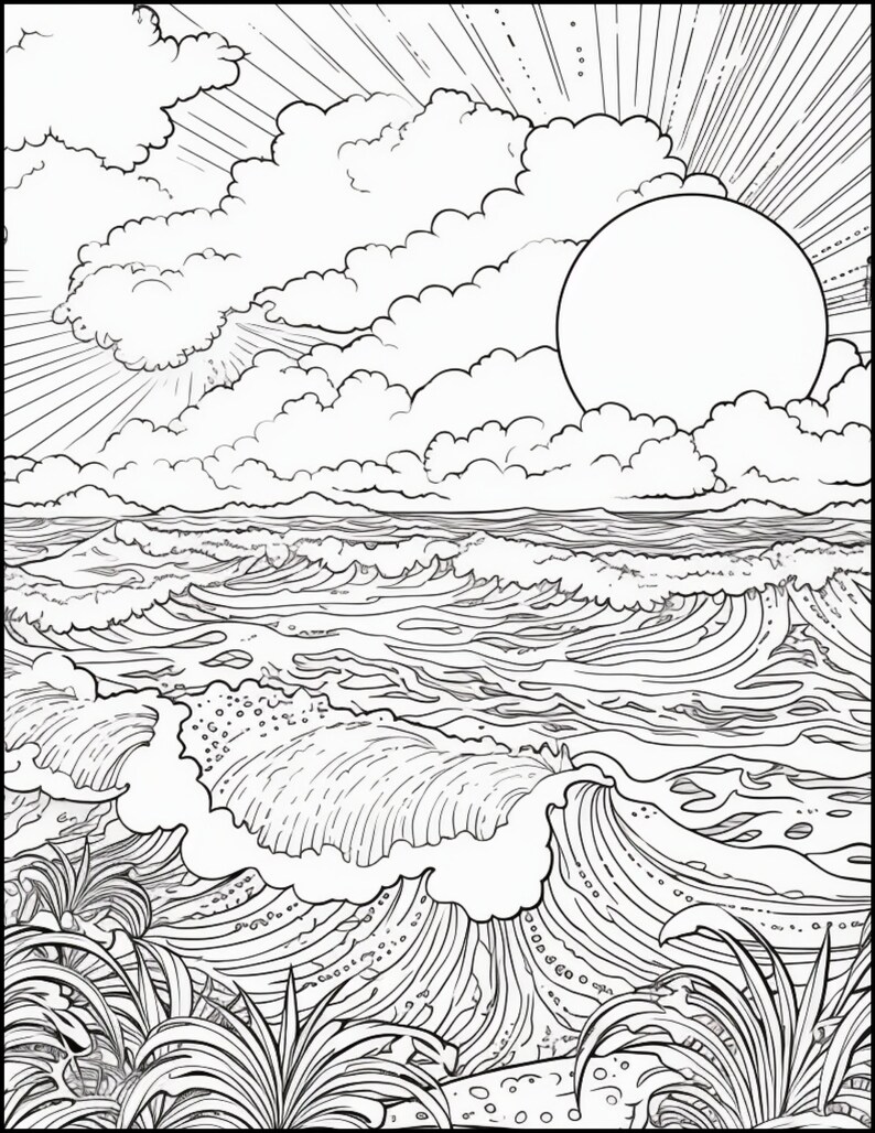 Tranquil Beach Sunset Coloring Pages: Printable Ocean and Sunset Scenes