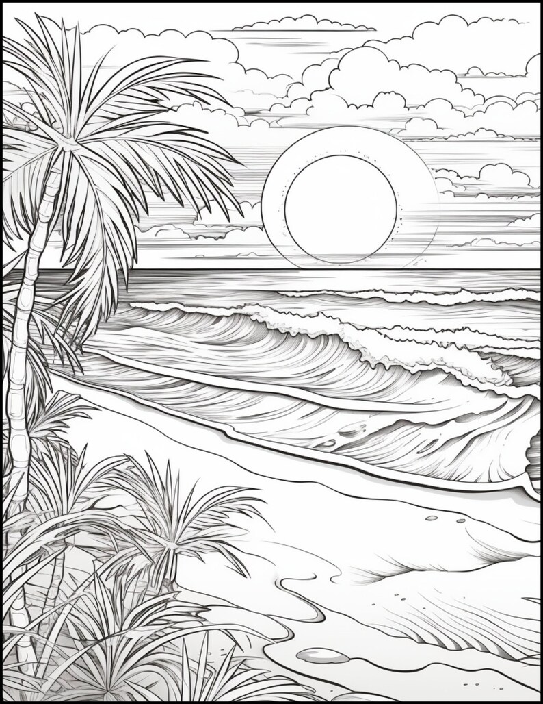 Tranquil Beach Sunset Coloring Pages: Printable Ocean and Sunset Scenes