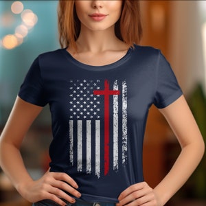 American Flag Cross T-Shirt, Patriotic Christian Tee, Religious USA Flag Shirt, Faith Based 4th July Top, Unisex Apparel