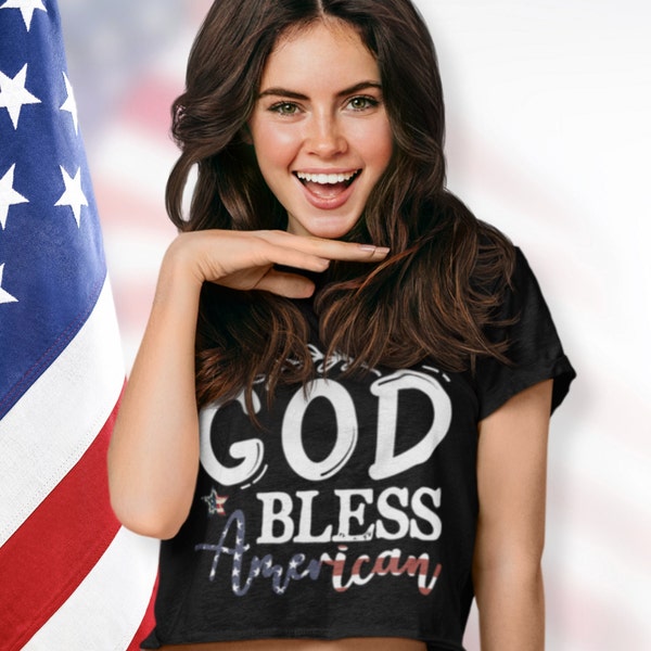 God Bless America Women’s Flowy Cropped Tee, Christian Patriotic, USA Pride Casual Top, 4th of July Independence Day Shirt, Christian USA