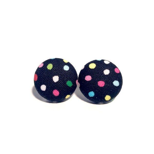 Button Earrings | black fabric with colorful polka dots | lightweight handmade jewelry, funky stud earrings, gift for her, 3/4" 19mm