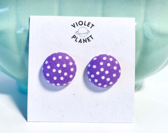 Purple polka dot earrings | cute handmade studs, fabric button earrings, funky spring accessories