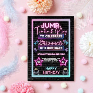 Custom Trampoline Park Birthday Invitation | Kids Birthday Party Invite | Child&#39;s Celebration Invitation | Jump, Party and Play Bday Evite