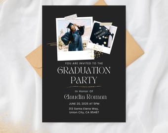 May include: Black graduation party invitation with gold accents. The invitation features two photos, one of a graduate in a cap and gown and another of a diploma. The text reads "You are invited to the Graduation Party in Honor of Claudia Roman June 20, 2025 at 5PM 313 Santa Elena Way, Union City, CA 95487"