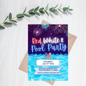 Invitación a fiesta en la piscina con rojo, blanco y azul / Invitación digital para fiesta en la piscina del 4 de julio / Cumpleaños patrióticos de verano editables e imprimibles