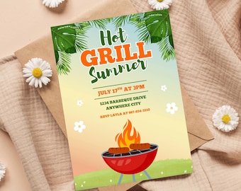 Hot Grill Summer BBQ Invitation | Editable Printable Cookout Party Invite | Backyard Barbecue Digital Download