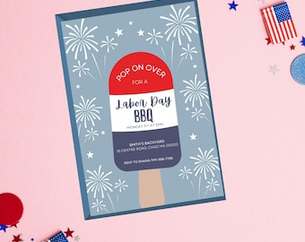 Pop On Over for a BBQ | Labor Day Popsicle Party Invitation | Editable Printable Patriotic Summer Birthday