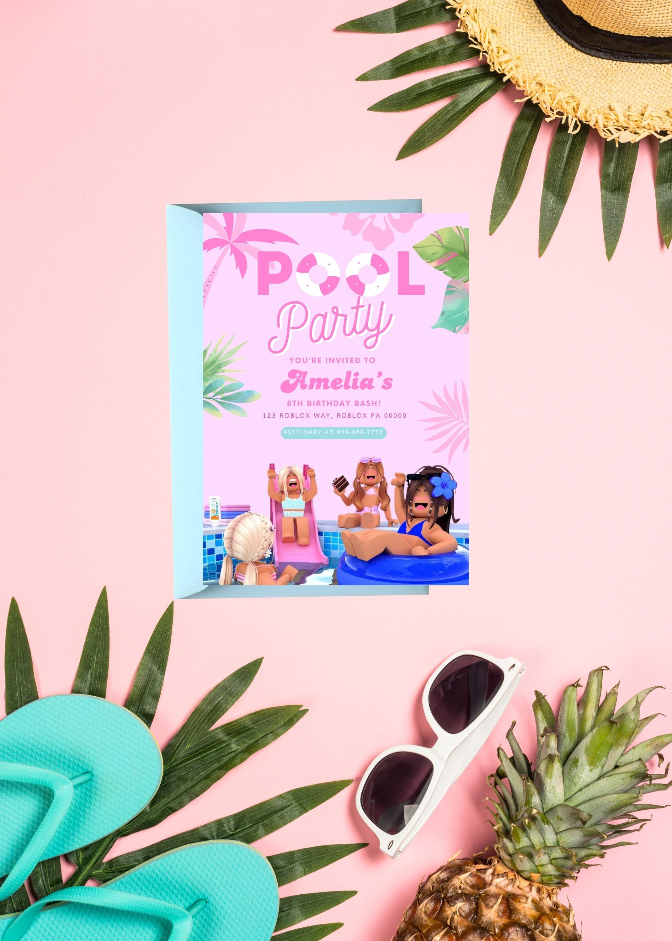 Girls Roblox Birthday Pool Party Invitation | Roblox Party Decor | Custom Invite | Gamer Party | Virtual Invite |  Birthday Party Invite