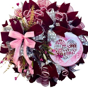 Romantic Burgundy & Pink Deco Mesh Wreath with Floral Accents, Valentine’s Day Wedding Decor