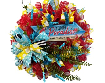 Vibrant Paradise Themed Mesh Wreath - Handmade, Tropical Door Decor with Cheerful Happy Hour Sign