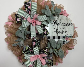 Welcome to Our Home Wreath - Natural Mesh, Lambs Ear, Plaid, and Flowers