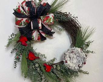 Natural Winter Cardinal Wreath - Grapevine Base - Perfect for Holidays and Beyond