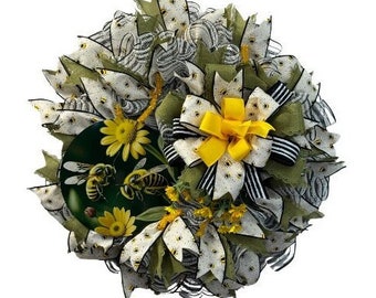 Bee-Inspired Door Wreath - Handcrafted Yellow & Green Floral Decor with Ribbon Accents