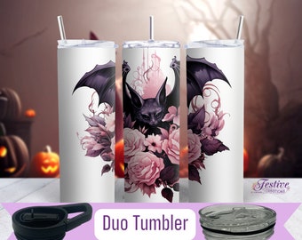 Spooky Halloween Thermal Drink Tumbler with Pink Roses and Black Bat (Personalize it too)