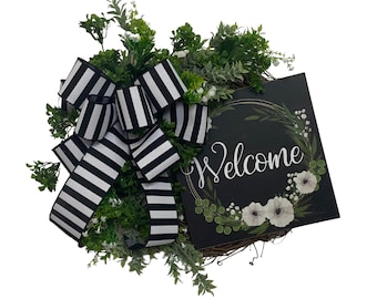 Welcome Door Decor, Front Door Wreath, Everyday Wreath, Porch Welcome Wreath, Black and white Summer Wreath