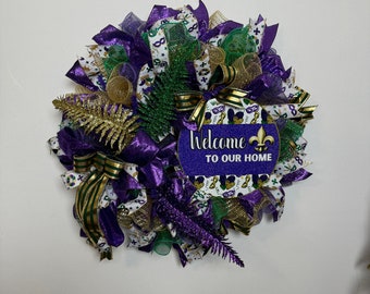 Welcome to our Home Mardi Gras Wreath, Mardi Gras Celebration Front Door Wreath, Mardi Gras Decorations