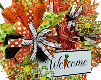 Carrot Patch Welcome Wreath, Easter Front Door Mesh Wreath